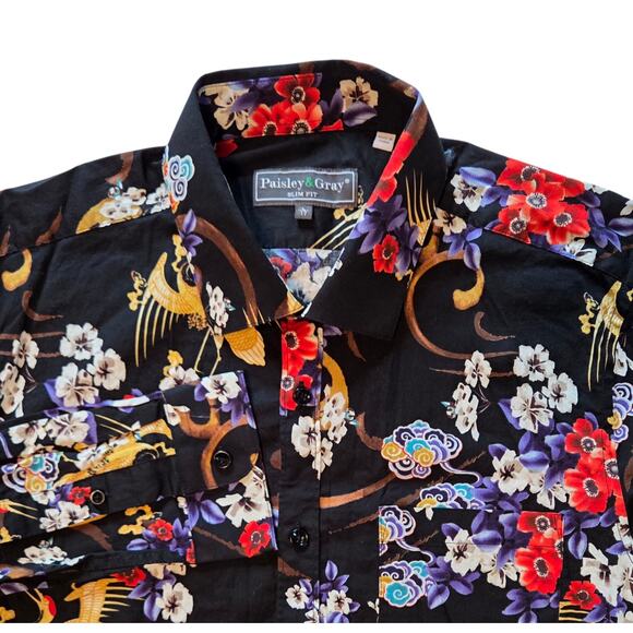 Paisley & Gray Button-down Shirt Black Floral Size Large 17 Slim-fit, Cranes - Picture 1 of 12